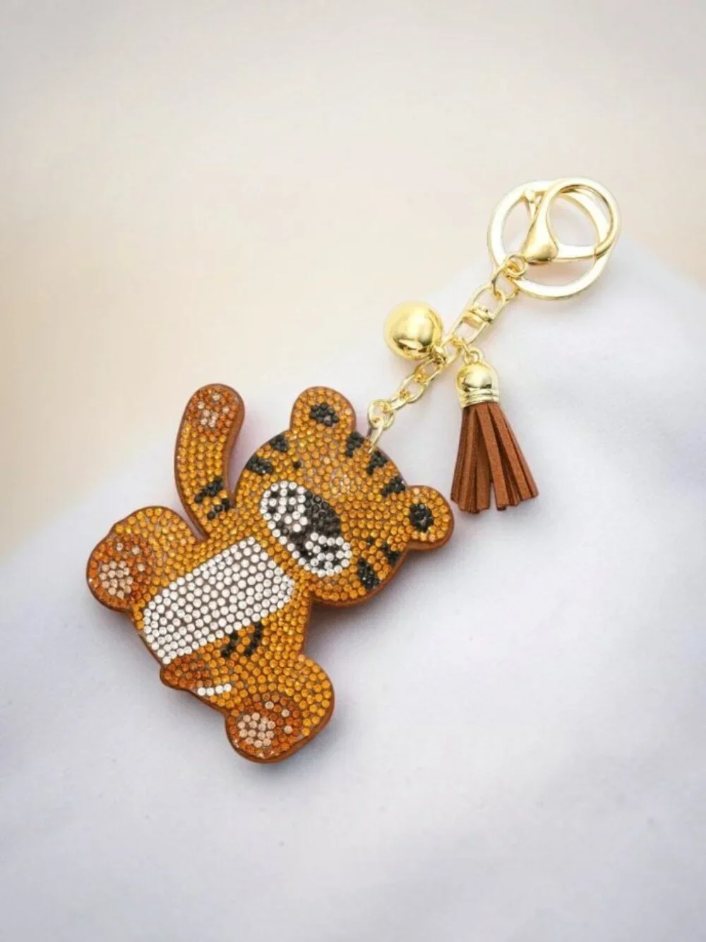Tiger Tassel Bling Faux Suede Stuffed Pillow Key Chain Handbag Charm